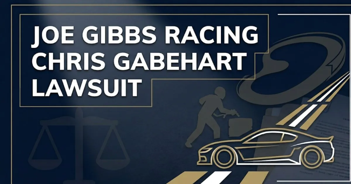Joe Gibbs Racing Chris Gabehart lawsuit 2026 legal dispute editorial banner with racing and law imagery