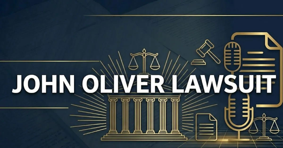 John Oliver lawsuit legal banner with gavel, scales of justice, and bold headline text