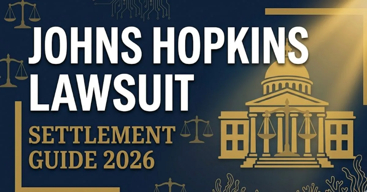 Johns Hopkins lawsuit settlement guide 2026 banner with courthouse silhouette and legal scales on navy background