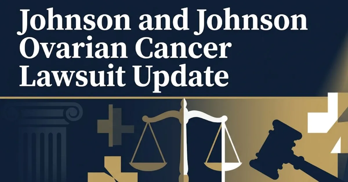Johnson and Johnson ovarian cancer lawsuit update 2026 banner with legal scales and gavel symbols on navy background