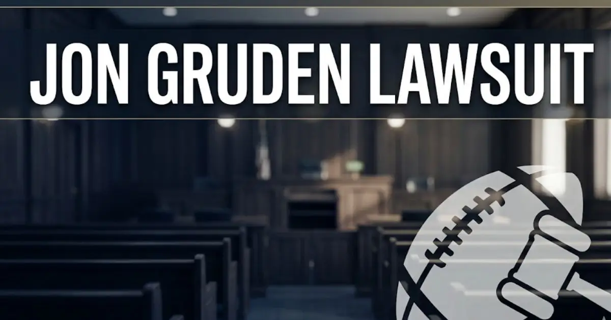 Jon Gruden lawsuit 2026 update legal news banner with courtroom background and NFL football
