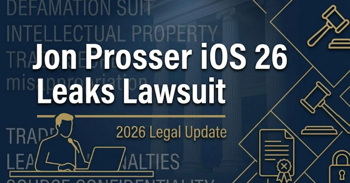 Jon Prosser iOS 26 leaks lawsuit 2026 legal update blog banner with gavel and leaker silhouette icons