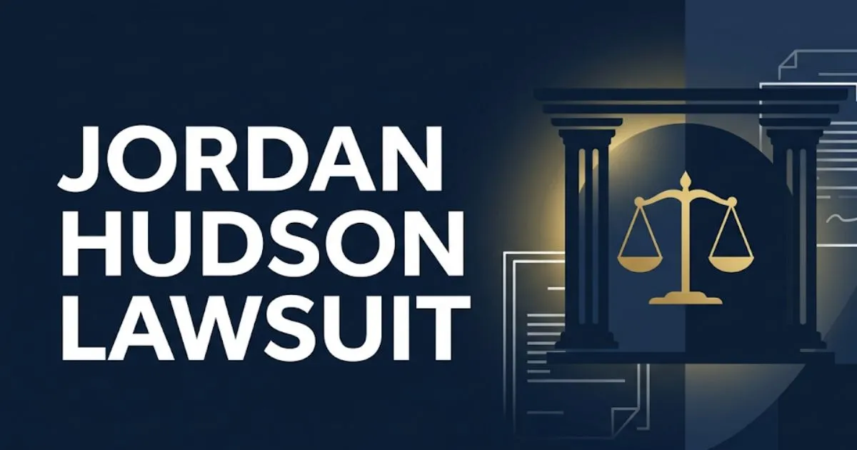 Jordan Hudson lawsuit 2026 legal breakdown banner with scales of justice and courthouse silhouette on navy background.