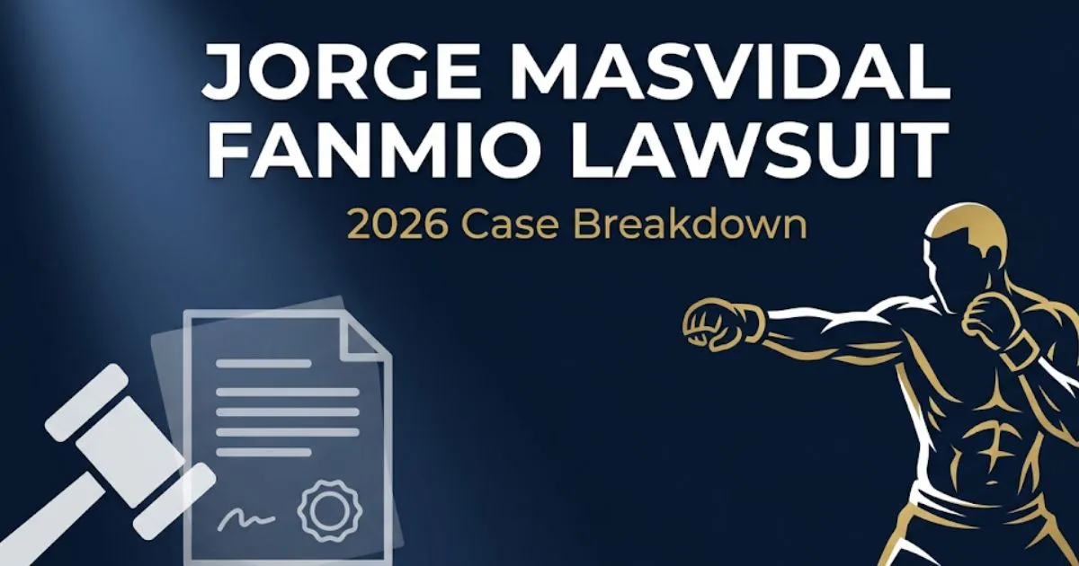 Jorge Masvidal Fanmio Lawsuit 2026 case breakdown banner with legal icons and fighter silhouette on navy background