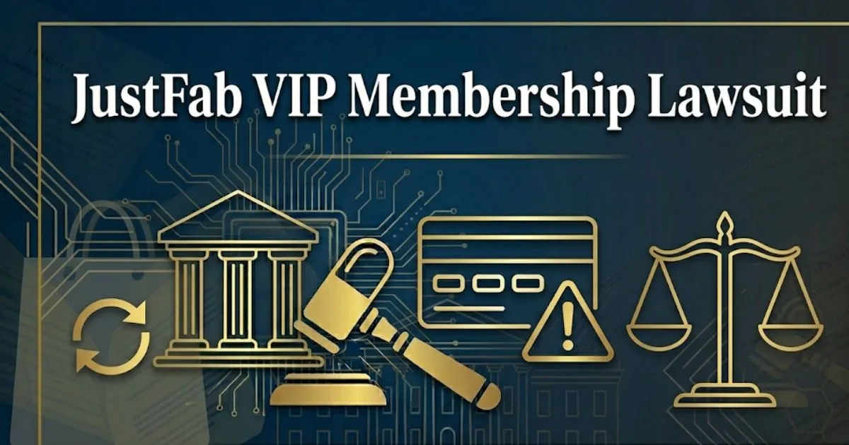 JustFab VIP membership lawsuit 2026 guide banner with legal icons and bold headline text