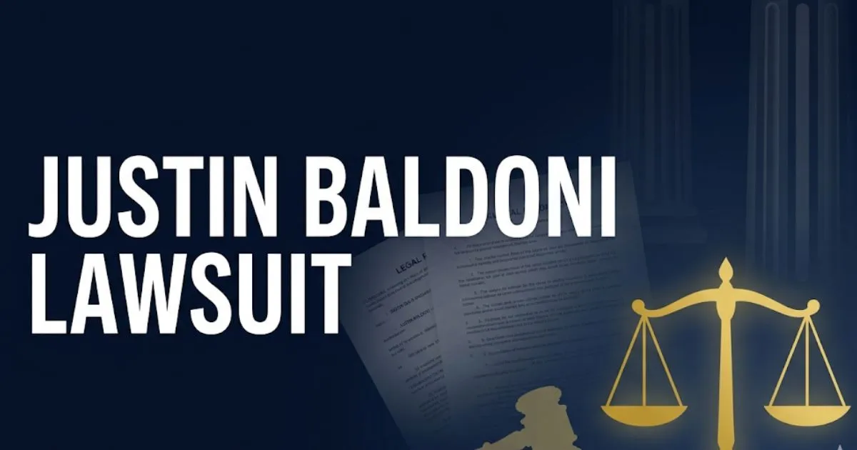 Justin Baldoni lawsuit legal case banner with courthouse and gavel imagery for 2026 updates