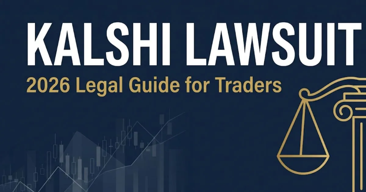 Kalshi lawsuit 2026 legal guide banner with scales of justice and navy blue editorial design for prediction market traders