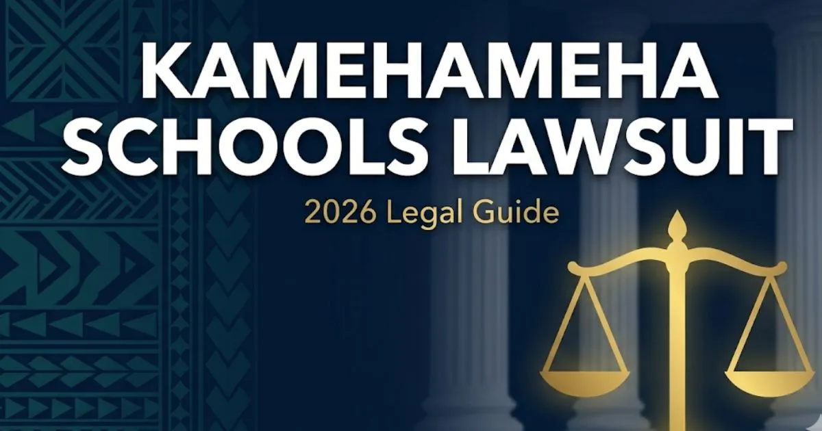 Kamehameha Schools lawsuit 2026 legal guide banner with scales of justice and navy blue background