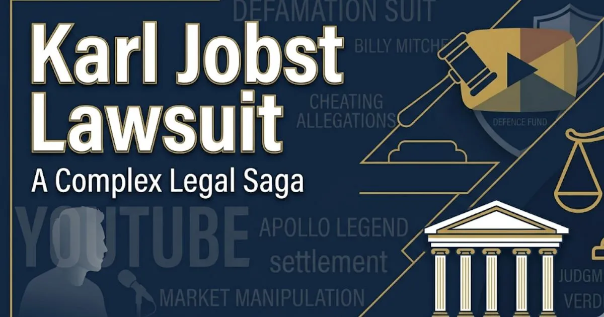 Karl Jobst Lawsuit legal breakdown 2026 editorial banner with gavel and scales of justice icons