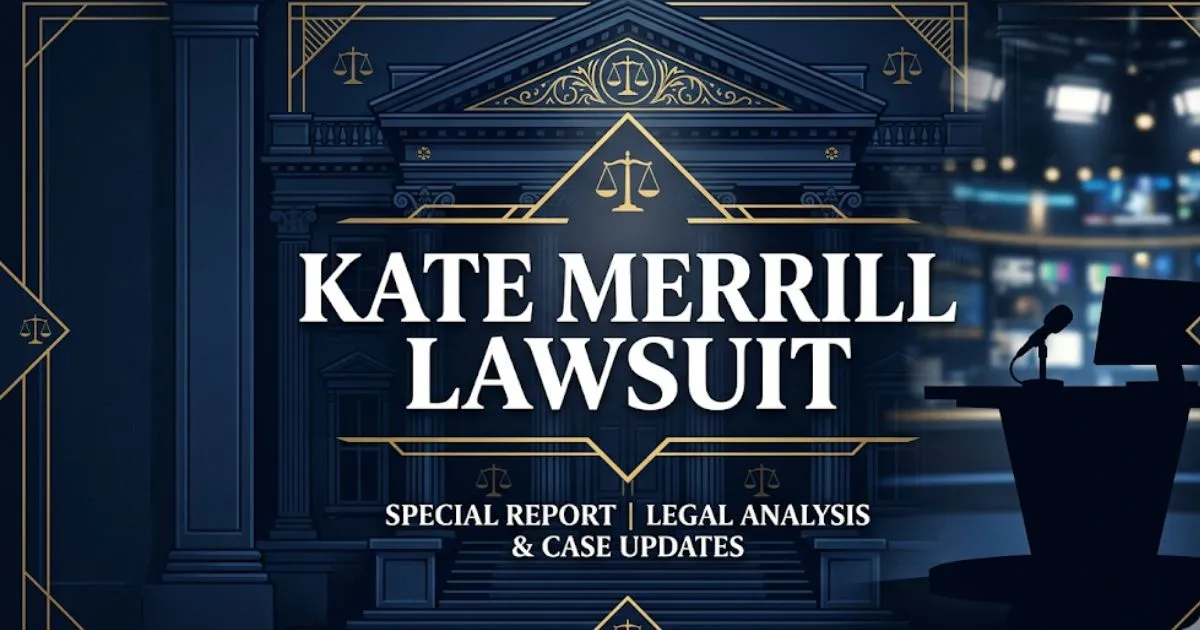 Kate Merrill lawsuit 2026 case update banner with legal symbols and news anchor silhouette