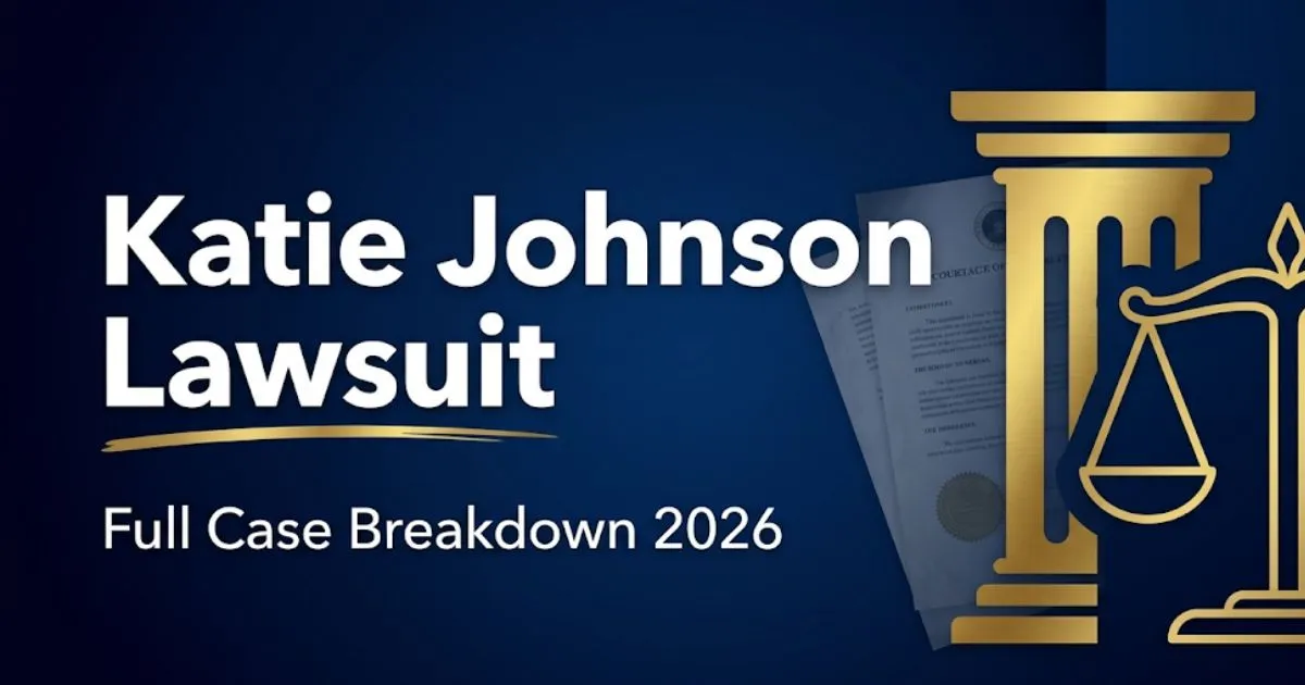 Katie Johnson lawsuit full case breakdown 2026 banner with courthouse scales of justice legal editorial design