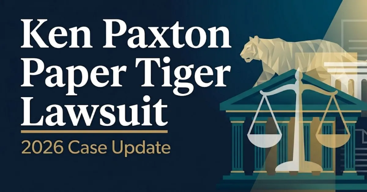 Ken Paxton Paper Tiger Lawsuit editorial banner with courthouse silhouette and bold headline text on navy background