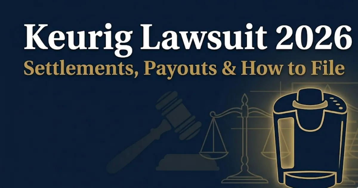 Keurig Lawsuit 2026 blog banner showing gavel, scales of justice, and coffee maker silhouette on navy background