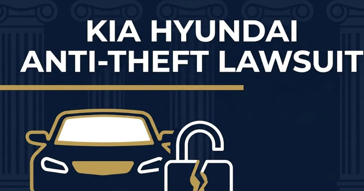 Kia Hyundai anti-theft lawsuit 2026 blog banner with car silhouette and broken padlock icon on navy background.