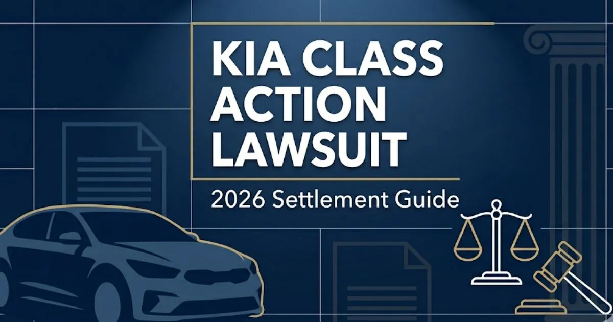 Kia class action lawsuit 2026 banner with legal scales and car silhouette on deep navy background