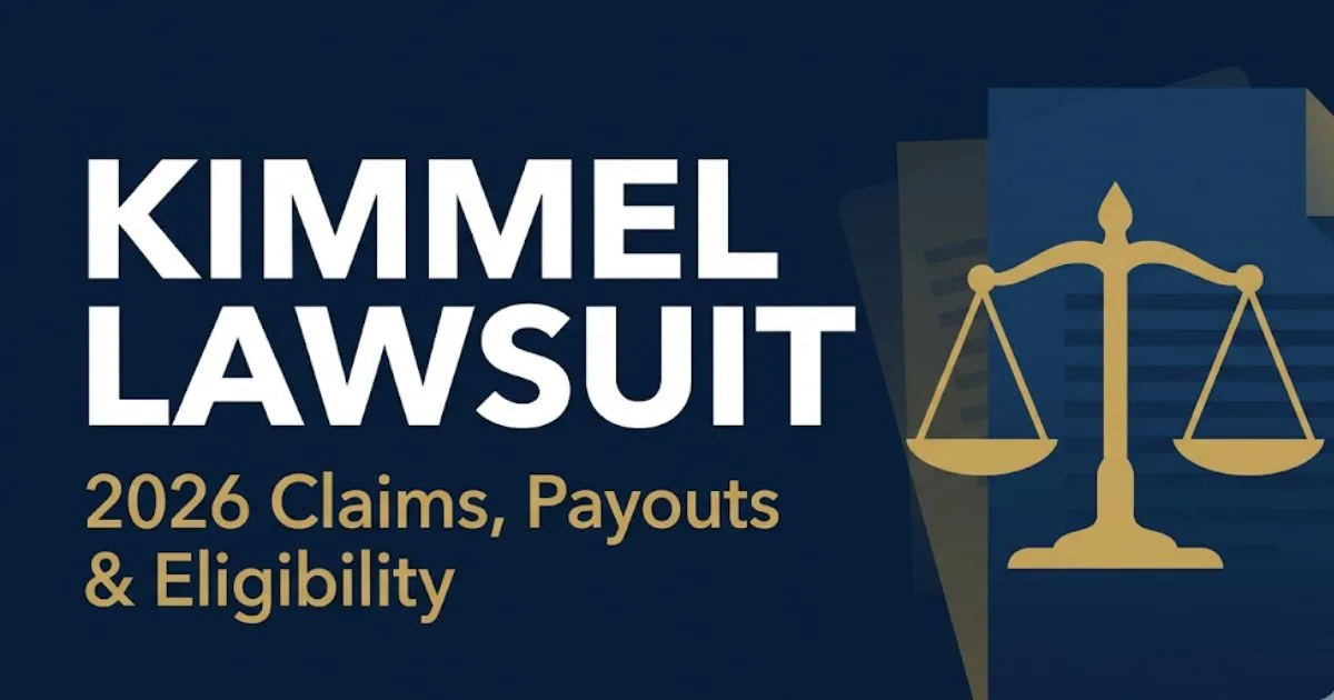 Kimmel lawsuit 2026 hero banner showing legal scales icon and bold headline on deep navy background