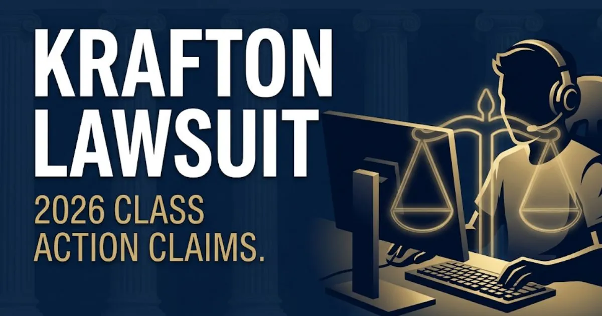 Krafton lawsuit 2026 blog banner with legal scales and PUBG gaming silhouette on navy background