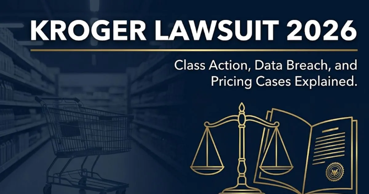 Kroger lawsuit 2026 blog banner showing legal scale icons and headline text on deep navy background