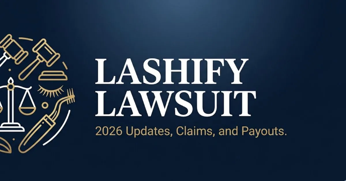 Lashify lawsuit 2026 blog banner with legal scales, gavel, and cosmetic icons on navy background
