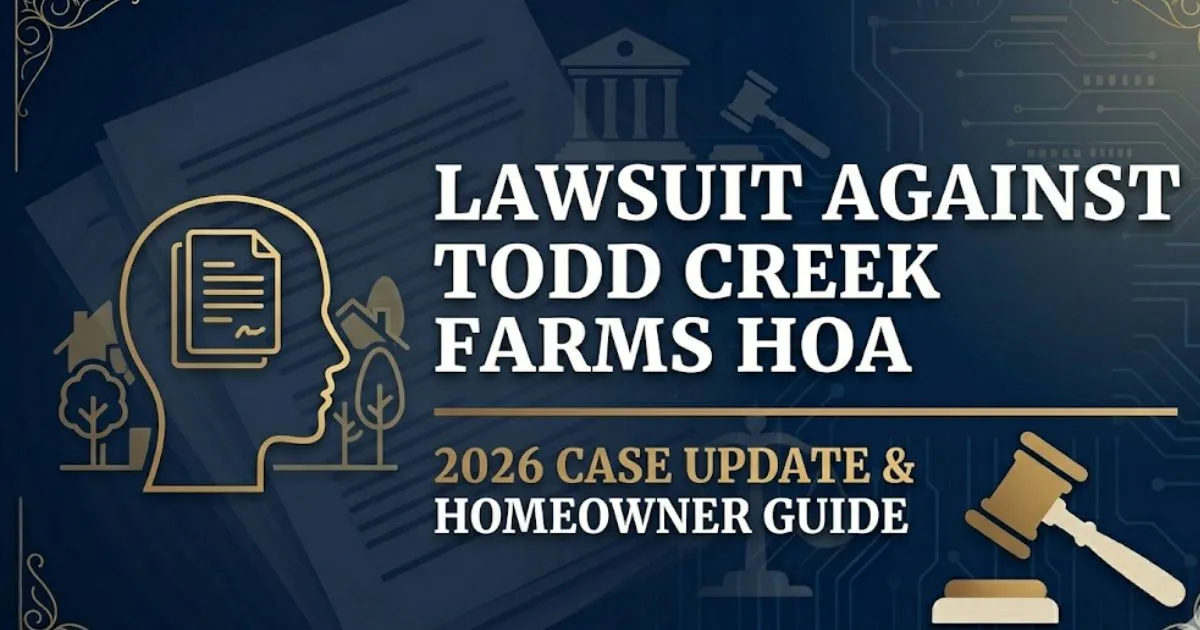 Lawsuit against Todd Creek Farms HOA 2026 legal guide banner with gavel and neighborhood silhouette