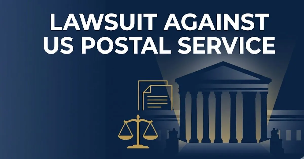 Lawsuit against US Postal Service 2026 guide banner with courthouse silhouette and legal scale icons on navy background.