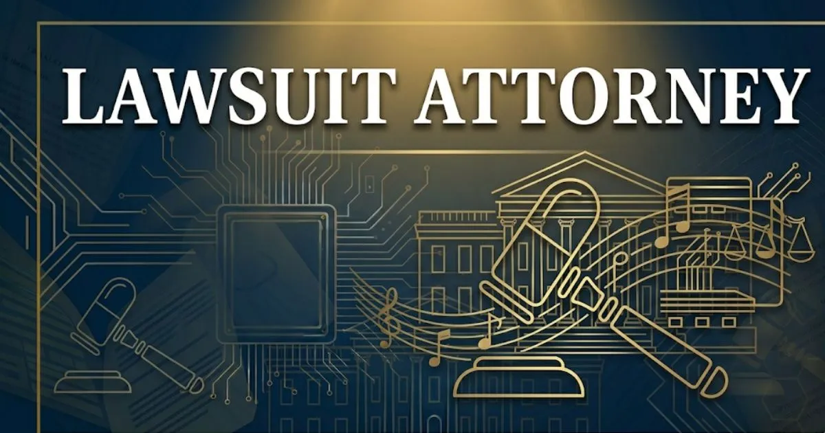 Lawsuit attorney guide 2026 hero banner with gold courthouse scales and silhouette on navy background