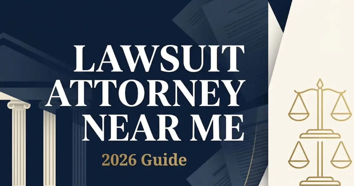 Lawsuit attorney near me 2026 guide banner with scales of justice and courthouse silhouette