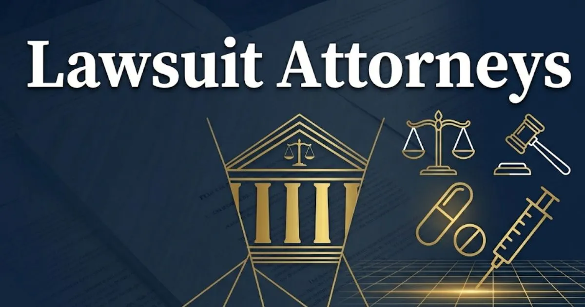 Lawsuit attorneys 2026 guide banner with courthouse and legal scale icons