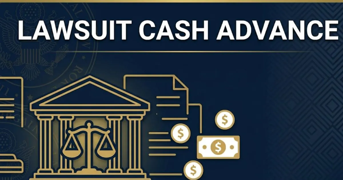 Lawsuit cash advance guide for 2026 with legal scales and funding icons on navy background