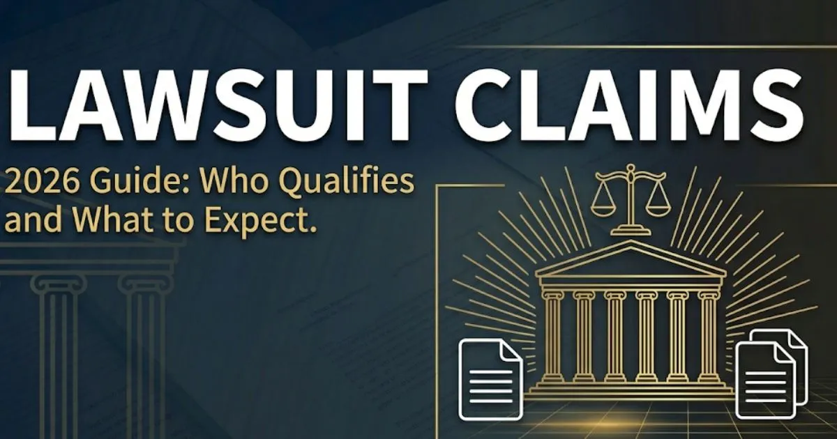 Lawsuit claims 2026 guide banner with courthouse silhouette, legal scales, and bold headline on navy background