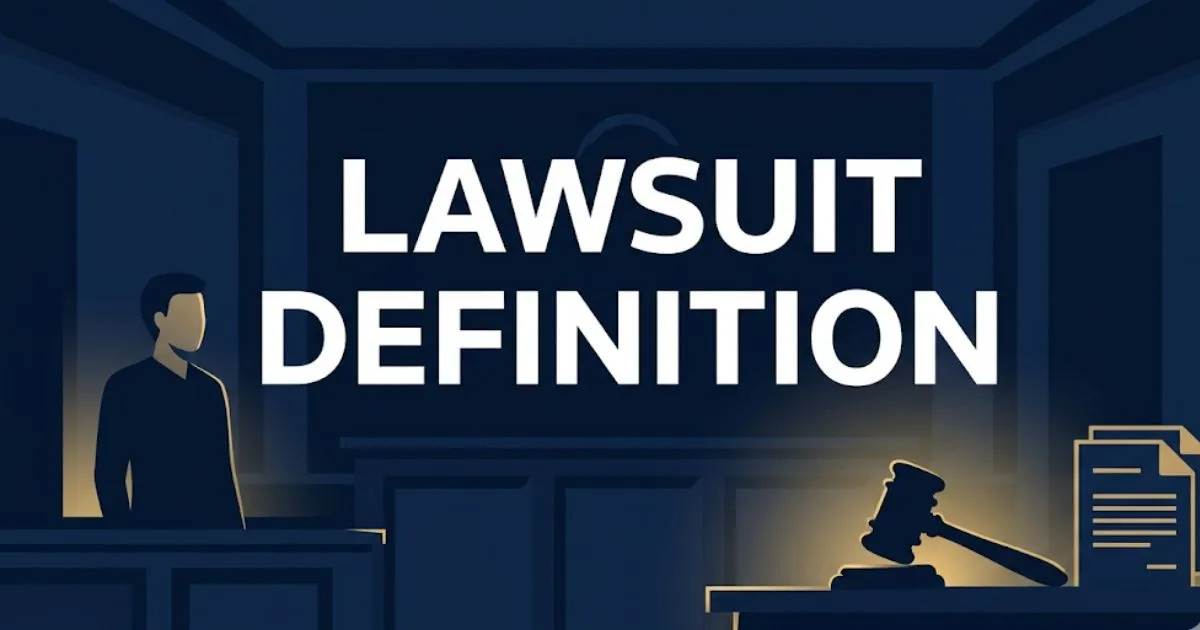 Lawsuit definition blog banner with bold headline, navy courtroom background, gavel silhouette, and gold accents