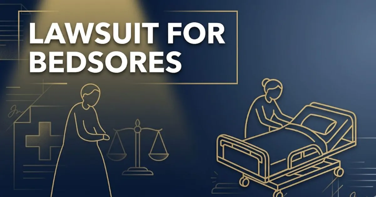 Lawsuit for bedsores blog banner with legal symbols, silhouette of nursing home patient, and deep navy gold design