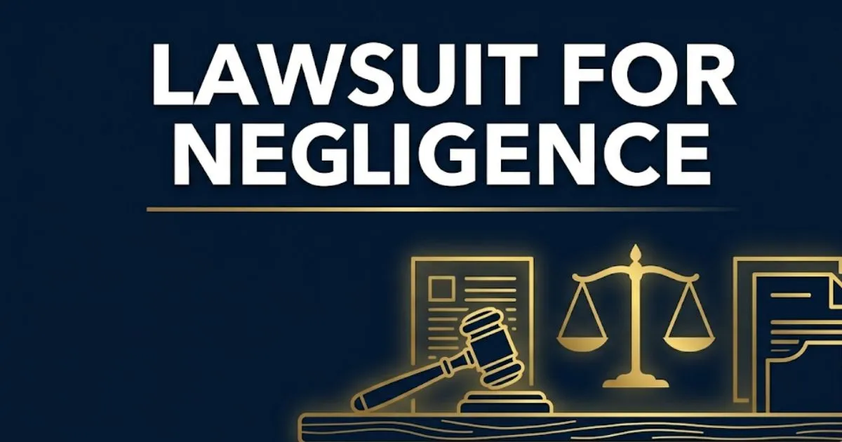 Lawsuit for negligence hero banner showing gavel, scales of justice, and bold legal headline on navy background