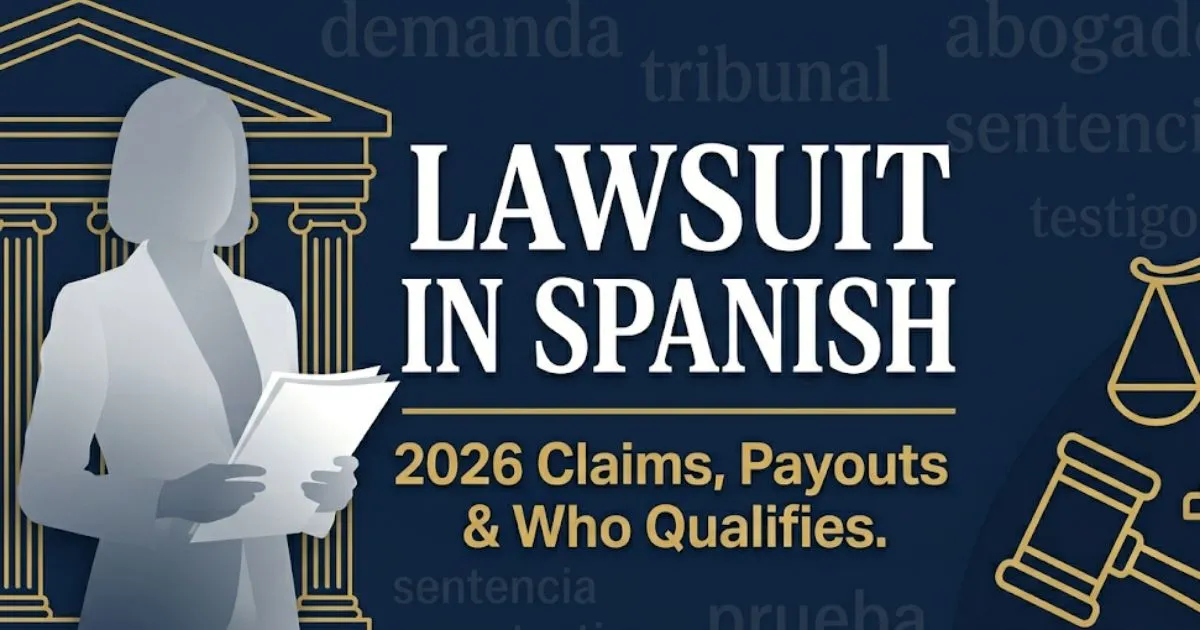 Lawsuit in Spanish legal guide banner with courthouse and legal terms in 2026