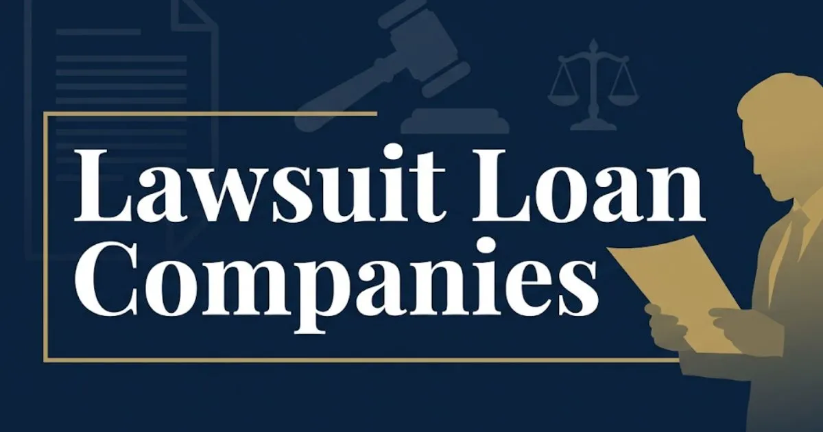 Lawsuit loan companies 2026 guide with legal symbols on navy background