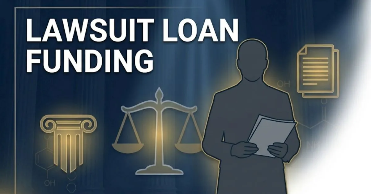 Lawsuit loan funding guide 2026 hero banner with legal scale and courthouse icons on navy background