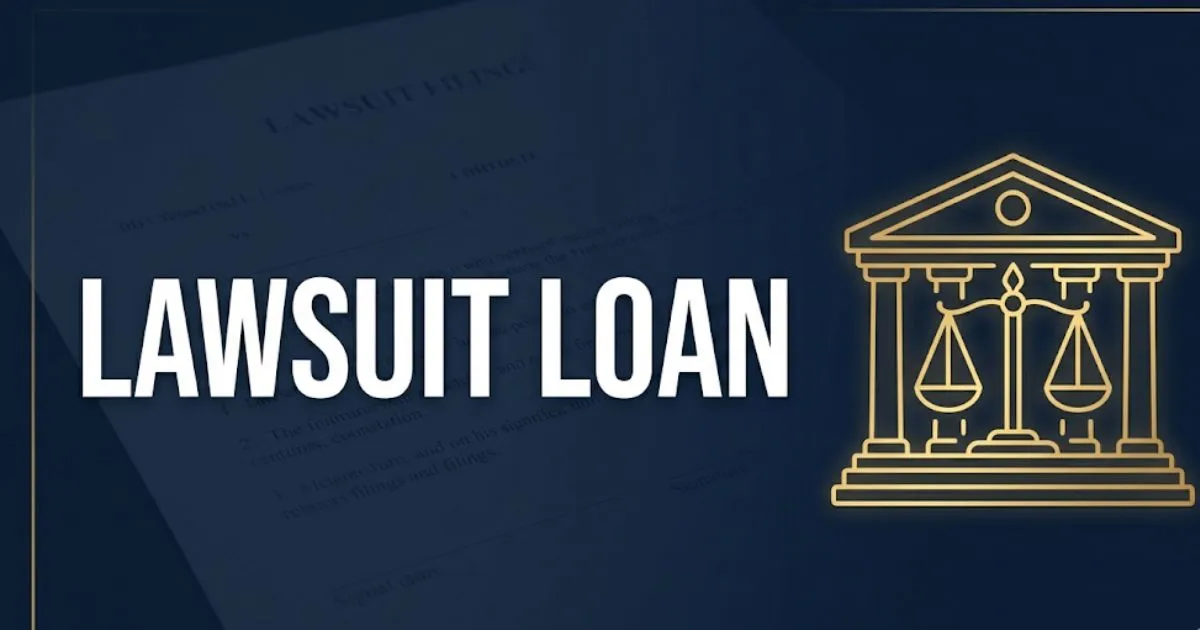 Lawsuit loan guide 2026 banner showing courthouse silhouette and scales of justice on a navy background