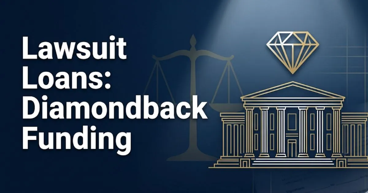 Lawsuit loans Diamondback funding guide 2026 hero banner with courthouse silhouette and legal scale on navy background