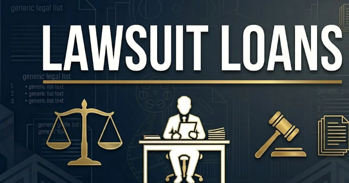 Lawsuit loans banner with legal symbols and document silhouettes on navy background