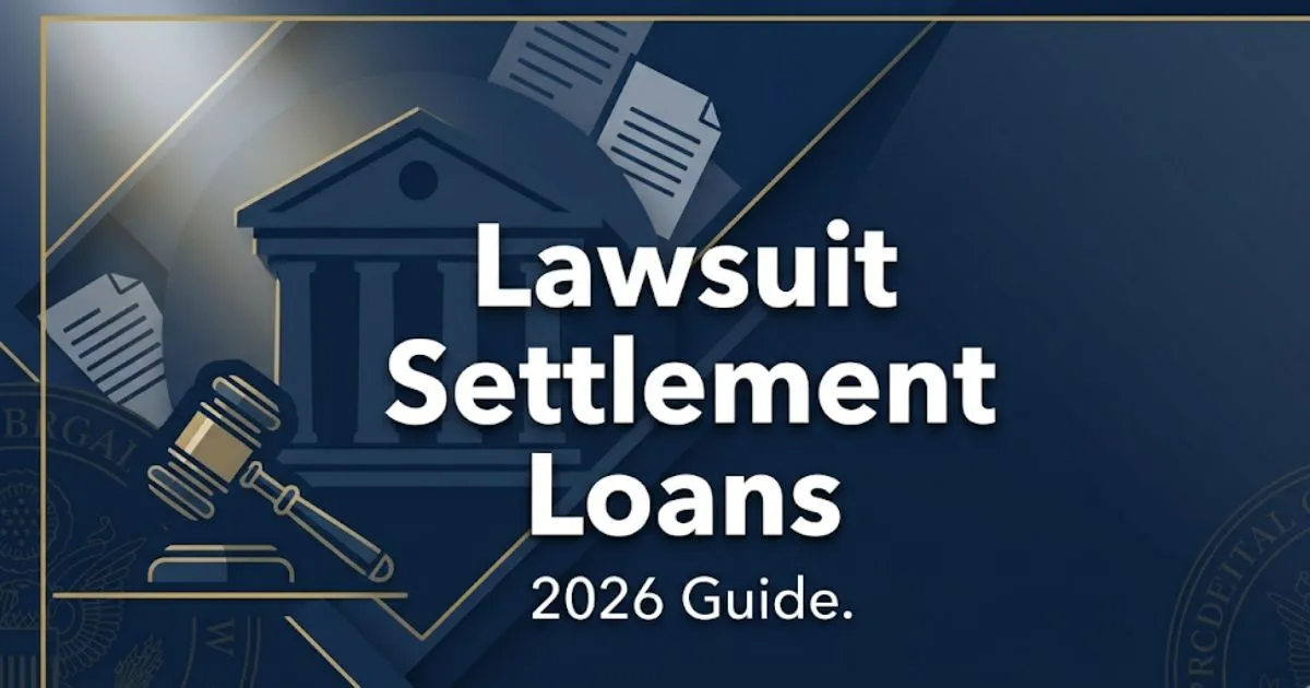 Lawsuit settlement loans 2026 guide with legal symbols and courthouse silhouette banner