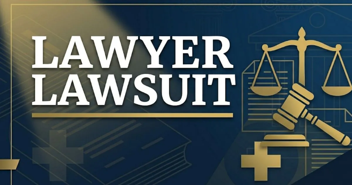 Lawyer lawsuit guide 2026 blog banner with scales of justice and legal document icons on navy background