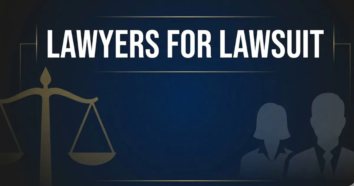 Lawyers for lawsuit guide 2026 showing legal scales, silhouetted attorneys, and bold headline text on navy background