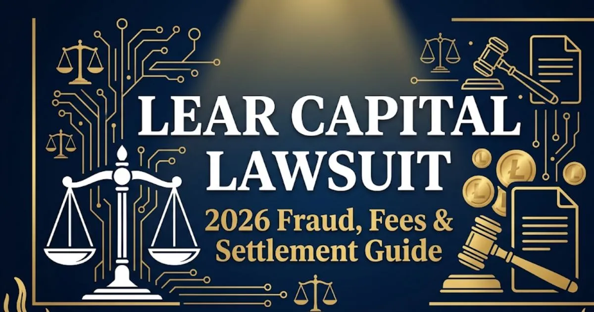 Lear Capital lawsuit 2026 banner showing legal scale icon and bold headline text about fraud and settlement facts