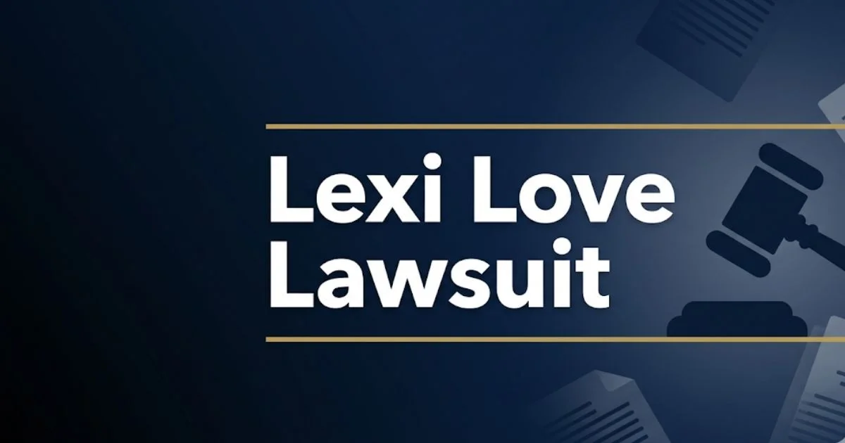 Lexi Love lawsuit 2026 legal case banner with gavel icon and bold headline on navy background