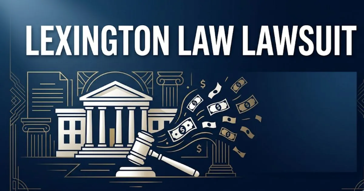 Lexington Law Lawsuit 2026 banner with courthouse silhouette and gavel on navy background