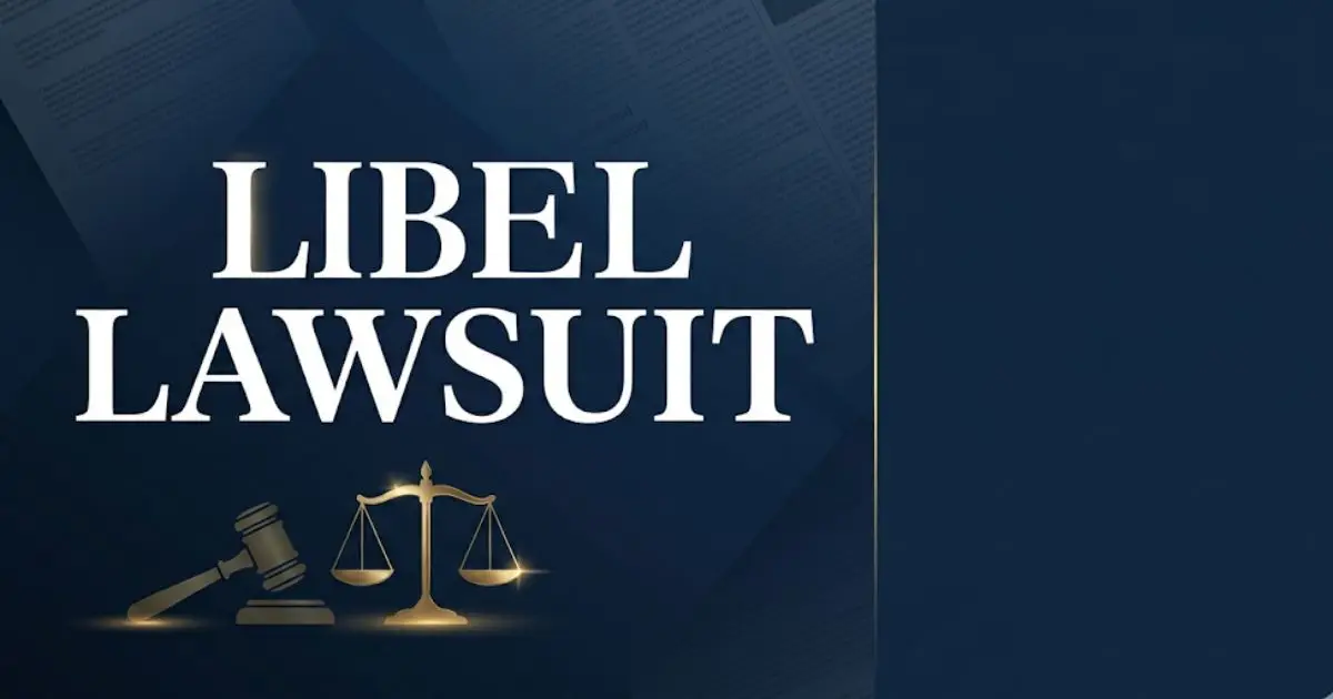 Libel lawsuit legal guide banner with gavel and scales of justice in navy and gold