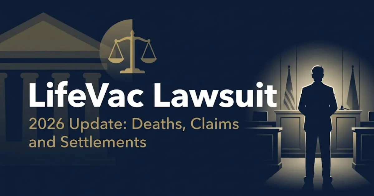 LifeVac Lawsuit 2026 editorial banner showing legal scales, courthouse silhouette, and bold headline text on navy background