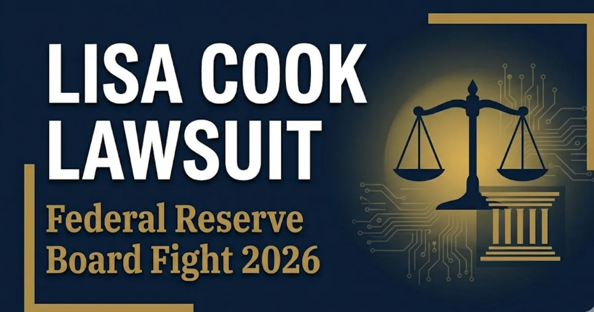 Lisa Cook lawsuit blog banner showing Federal Reserve Board legal fight 2026 with scales of justice and legal symbols