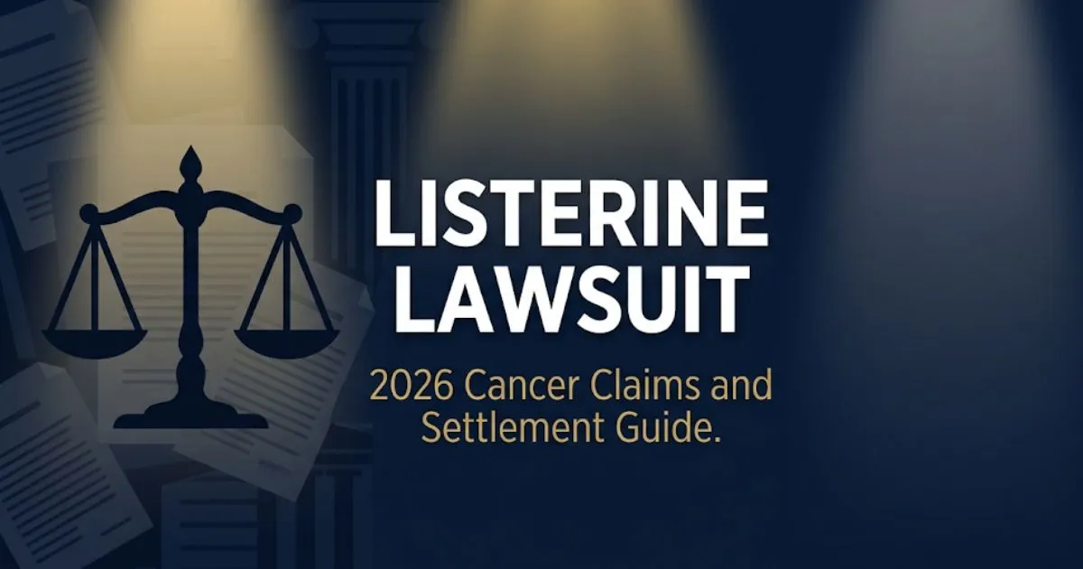 Listerine lawsuit 2026 blog banner with legal scale icon showing cancer claims and settlement information on navy background