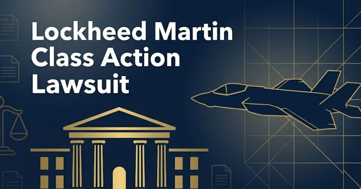 Lockheed Martin class action lawsuit 2026 guide banner with legal scales and fighter jet silhouette on navy background